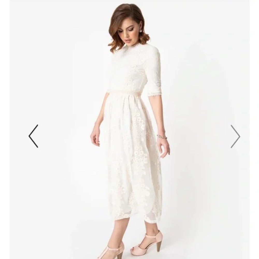 Unique Vintage - Antique Ivory Embroidered Lace Modest Midi Dress - Small
